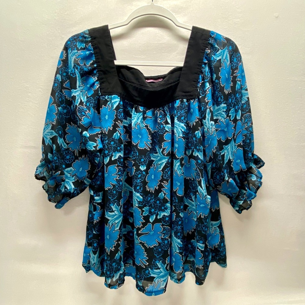 Women's Blouse Large Blue Floral Semi Sheer Square Neck Popover Short Sleeve GUC
